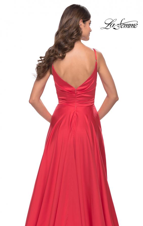 Picture of: A-Line Satin Gown with Ruched Bodice and V Neck in Neon in Hot Coral, Style: 31121, Detail Picture 4