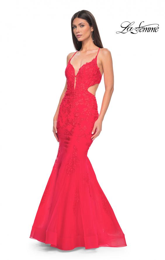 Picture of: Lace and Tulle Mermaid Gown with Side Cut Outs in Hot Coral, Style: 31133, Detail Picture 4