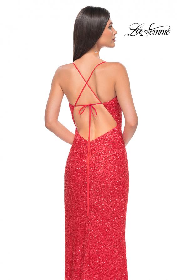 Picture of: Simple Stretch Sequin Gown with High Circle Slit in Bright Colors in Hot Coral, Style: 31432, Detail Picture 4