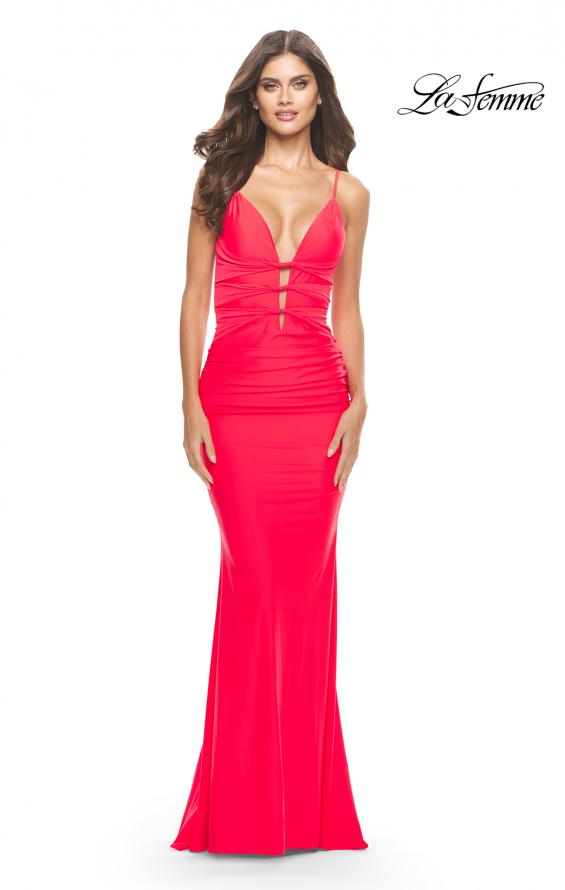 Picture of: Modern Jersey Dress with Twist Band Details in Neon in Hot Coral, Style: 31439, Detail Picture 5
