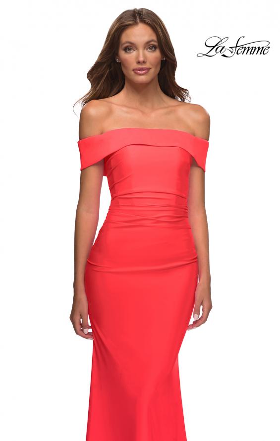 Picture of: Long Off the Shoulder Ruched Neon Jersey Dress in Hot Coral, Style: 30421, Detail Picture 6