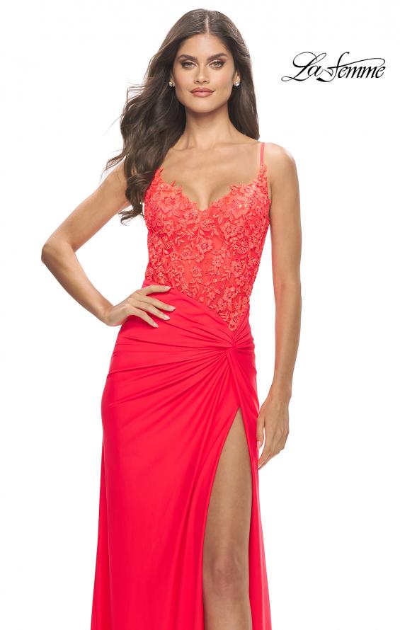 Picture of: Lace Asymmetrical Gown with Jersey Skirt and Twist Knot Detail in Neon in Hot Coral, Style: 31447, Detail Picture 6