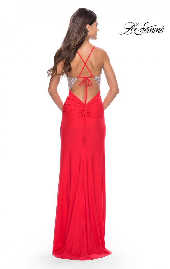 Picture of: Ruched Dress with Rhinestone Sheer Bodice in Hot Coral, Style: 31590, Detail Picture 6