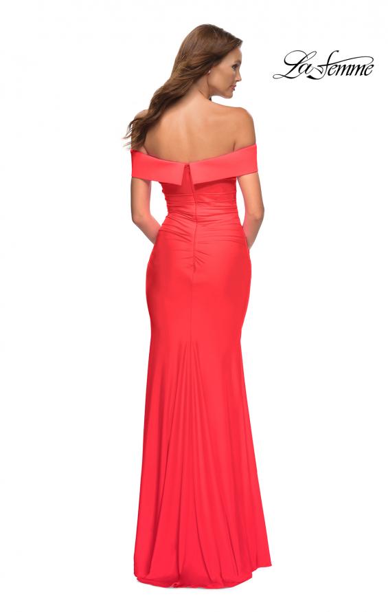 Picture of: Long Off the Shoulder Ruched Neon Jersey Dress in Hot Coral, Style: 30421, Detail Picture 7