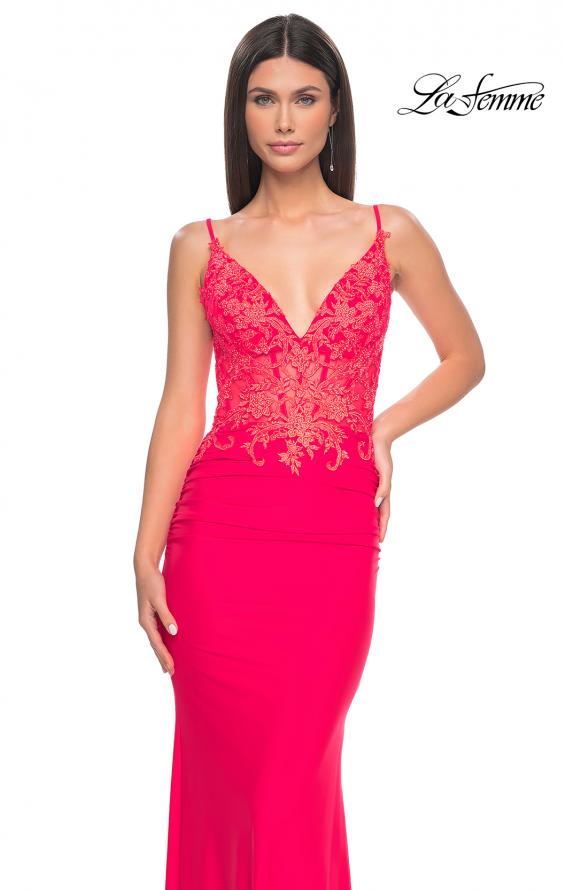 Picture of: Illusion Lace V Neck Top with Jersey Skirt Dress in Bright Colors in Hot Coral, Style: 31128, Detail Picture 7