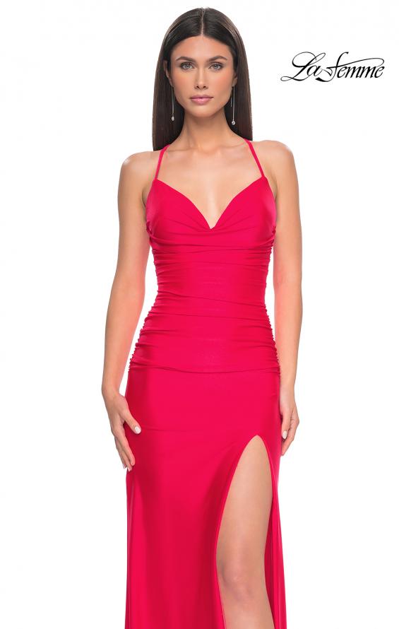 Picture of: Ruched Jersey Prom Dress with Slit in Hot Coral, Style: 31131, Detail Picture 7