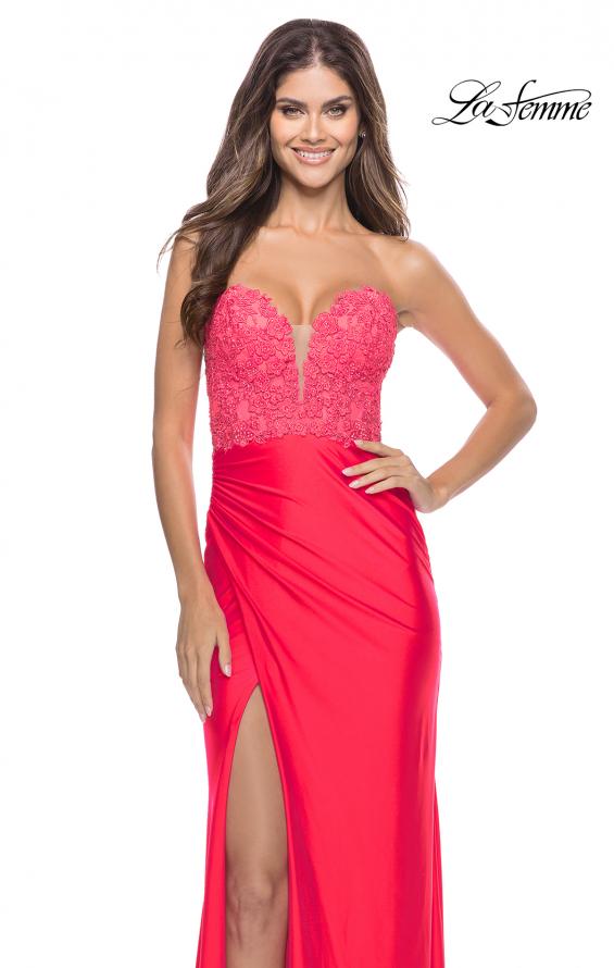 Picture of: Long Dress with Jersey Skirt and Lace Illusion Bodice in Neon in Hot Coral, Style: 31411, Detail Picture 7