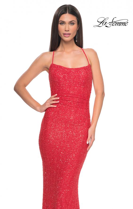 Picture of: Chic Soft Sequin Stretch Dress with Open Back in Hot Coral, Style: 31429, Detail Picture 7