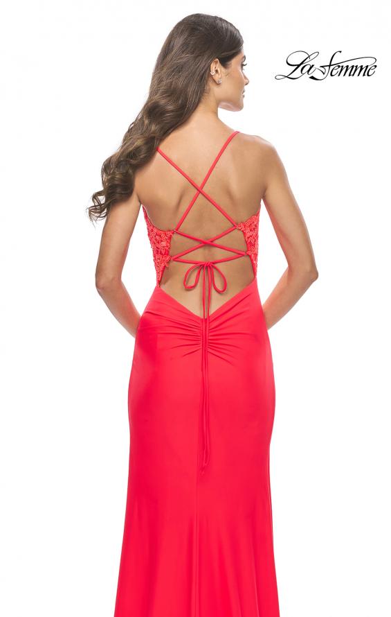 Picture of: Lace Asymmetrical Gown with Jersey Skirt and Twist Knot Detail in Neon in Hot Coral, Style: 31447, Detail Picture 7