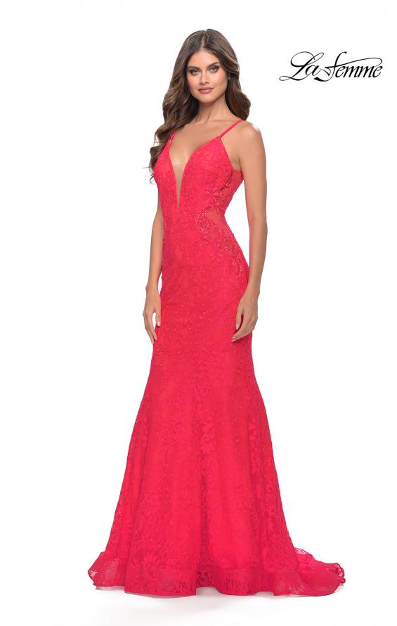 Picture of: Long Mermaid Lace Dress with Back Rhinestone Detail in Hot Coral, Style: 31512, Detail Picture 7