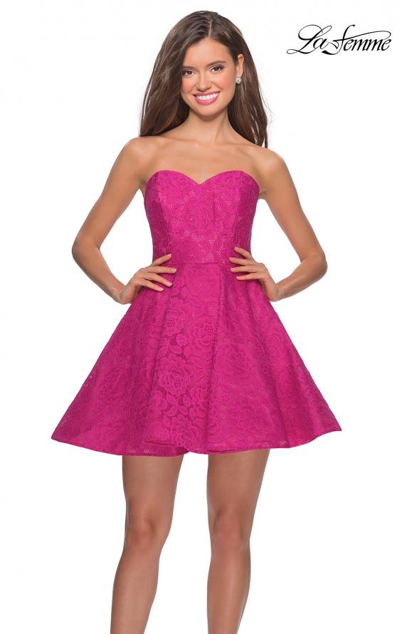 Picture of: Short Lace Strapless Party Dress with Rhinestones in Hot Fuchsia, Style: 27334, Detail Picture 1