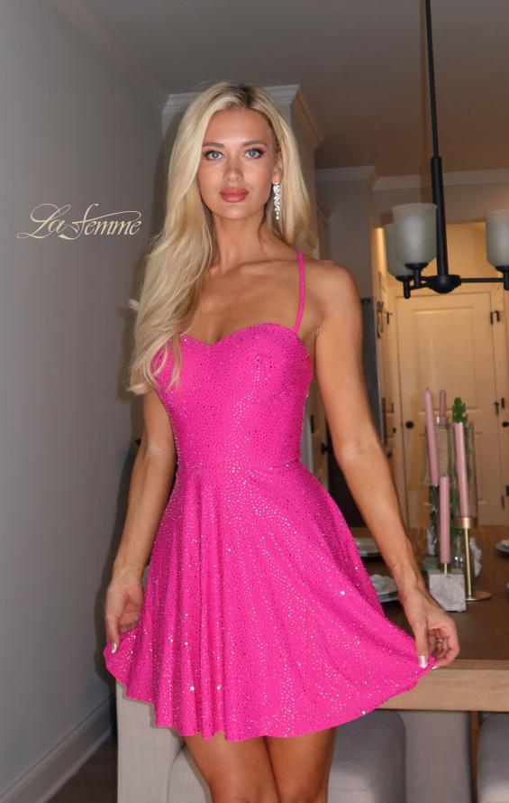 Picture of: Sparkle Lace-Up Fit-and-Flare Mini Dress in Hot Fuchsia, Style 34157, Detail Picture 6