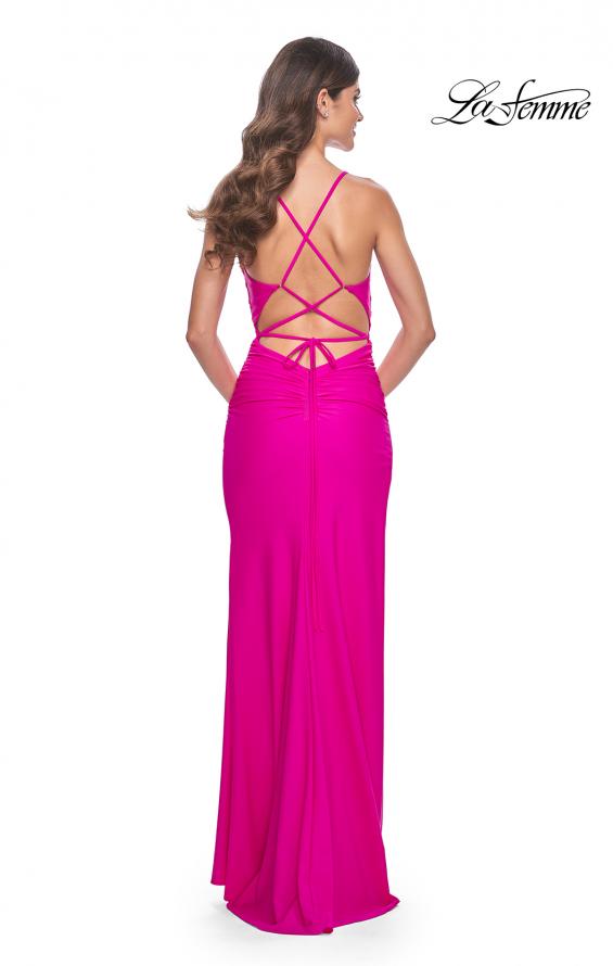 Picture of: Ruched Jersey Dress with Draped Neckline and High Slit in Hot Fuchsia, Style: 32152, Detail Picture 9