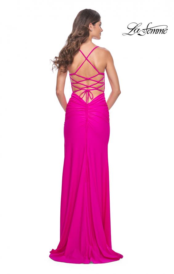 Picture of: Neon Illusion Lace Bodice Prom Dress with Rhinestones in Hot Fuchsia, Style: 32321, Detail Picture 10