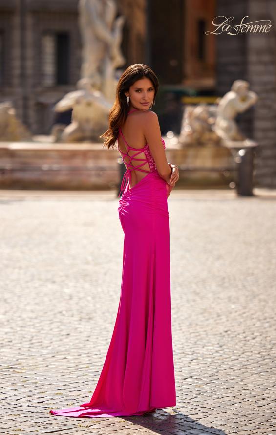 Picture of: Neon Illusion Lace Bodice Prom Dress with Rhinestones in Hot Fuchsia, Style: 32321, Detail Picture 3