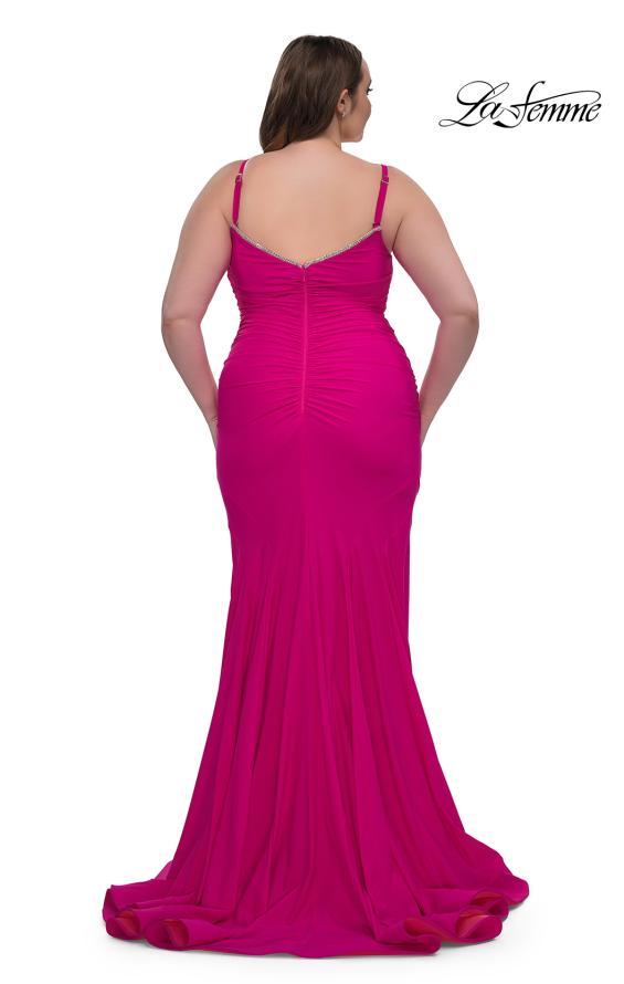 Picture of: Chic Plus Size Dress with Ruching and Rhinestone Neckline Detail in Hot Fuchsia, Style: 33057, Detail Picture 15