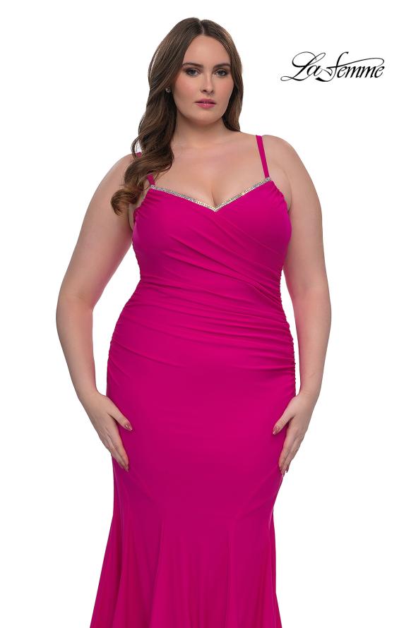 Picture of: Chic Plus Size Dress with Ruching and Rhinestone Neckline Detail in Hot Fuchsia, Style: 33057, Detail Picture 16