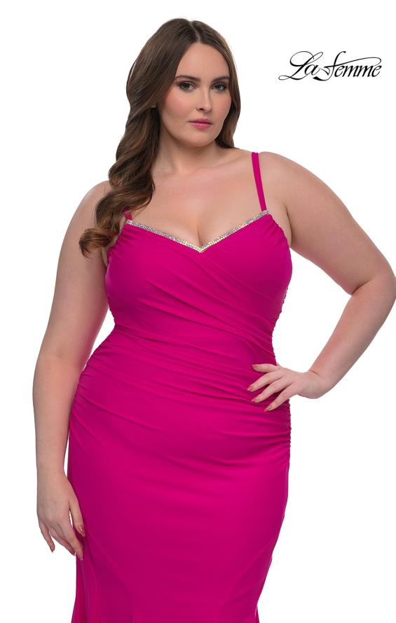 Picture of: Chic Plus Size Dress with Ruching and Rhinestone Neckline Detail in Hot Fuchsia, Style: 33057, Detail Picture 3
