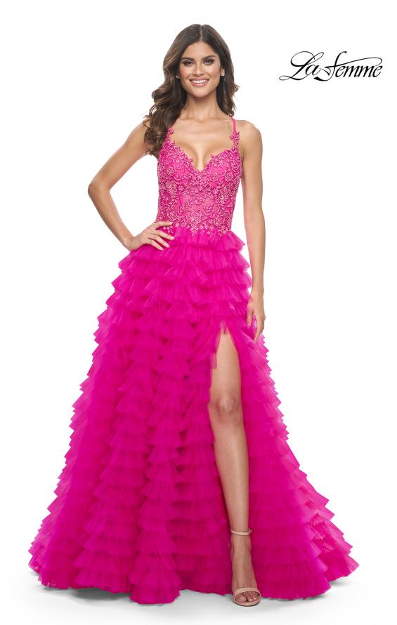 Picture of: Neon Ruffle Tulle Prom Gown with Illusion Lace Bodice and High Slit in Hot Fuchsia, Style: 32334, Main Picture