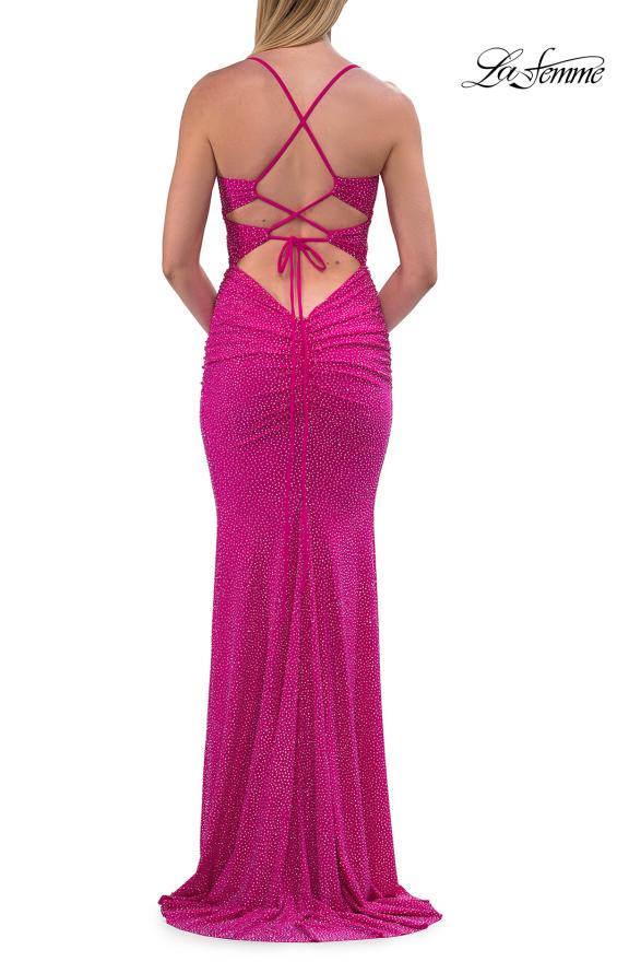 Picture of: Ruched Rhinestone Fitted Gown with Cutout Bodice and Lace-Up Back in Hot Fuchsia, Style: 33338, Detail Picture 10