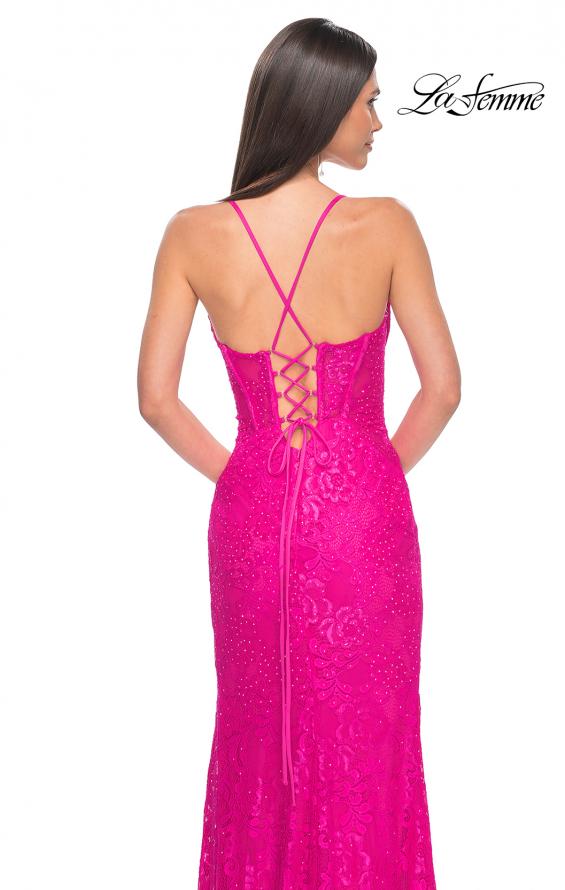 Picture of: Stretch Lace Dress with Bustier Top and Illusion Back in Hot Fuchsia, Style: 32248, Detail Picture 11