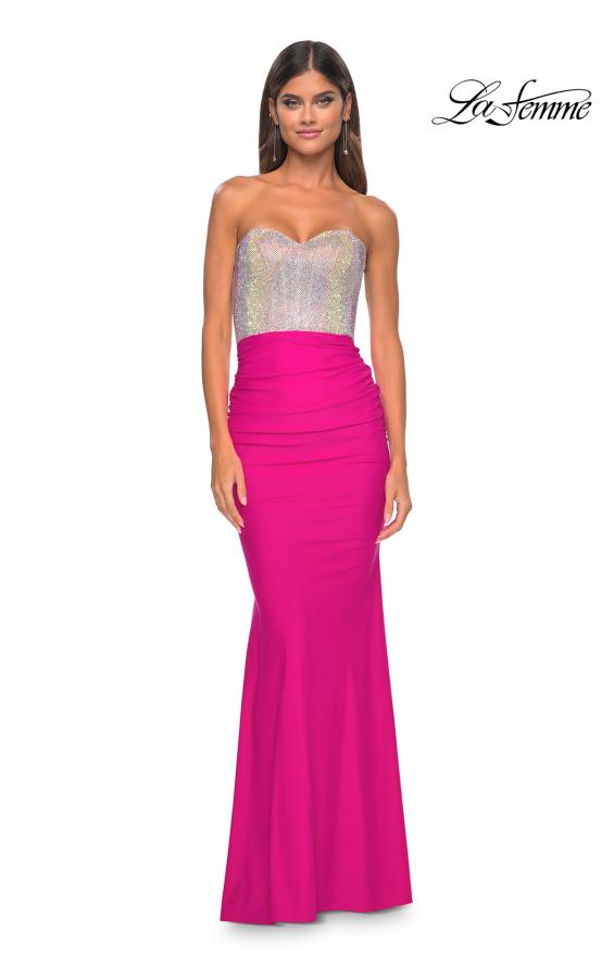 Picture of: Sweetheart Rhinestone Fishnet Bodice Dress with Fitted Skirt in Hot Fuchsia, Style: 32440, Detail Picture 1