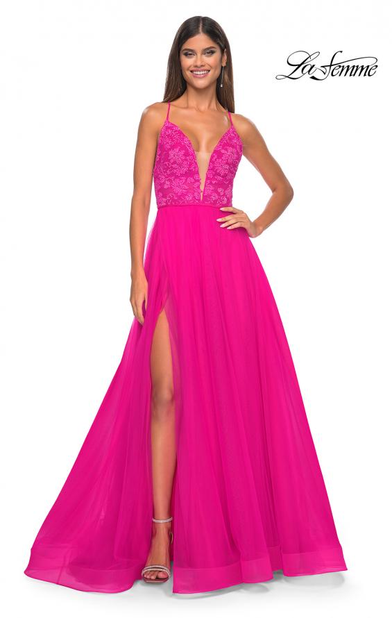Picture of: Illusion Lace Bodice A-Line Tulle Prom Dress with Slit in Hot Fuchsia, Style: 32059, Detail Picture 2