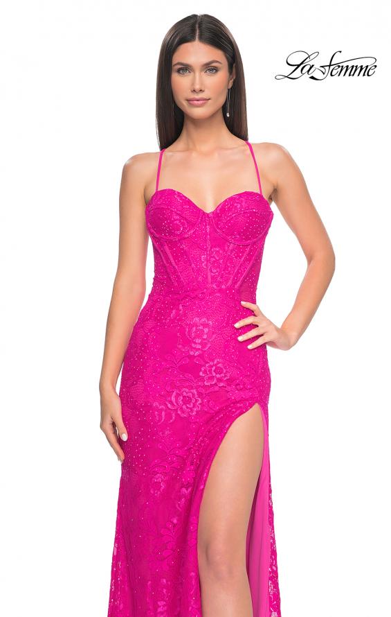 Picture of: Stretch Lace Dress with Bustier Top and Illusion Back in Hot Fuchsia, Style: 32248, Detail Picture 2