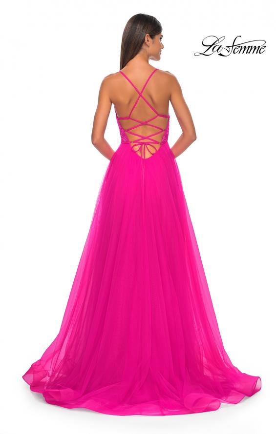 Picture of: Illusion Lace Bodice A-Line Tulle Prom Dress with Slit in Hot Fuchsia, Style: 32059, Detail Picture 3