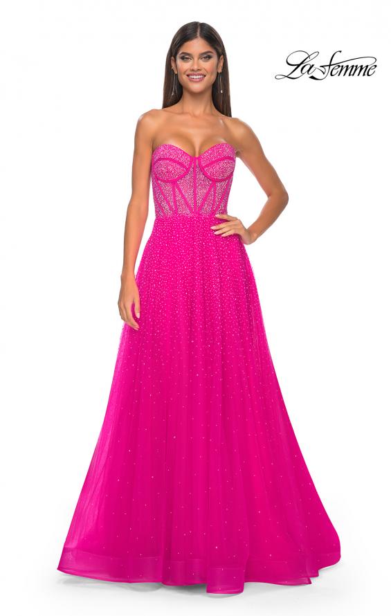 Picture of: Rhinestone Embellished A-line Tulle Gown with Corset Top in Hot Fuchsia, Style: 32278, Detail Picture 4