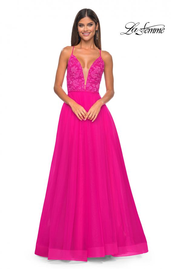 Picture of: Illusion Lace Bodice A-Line Tulle Prom Dress with Slit in Hot Fuchsia, Style: 32059, Detail Picture 5