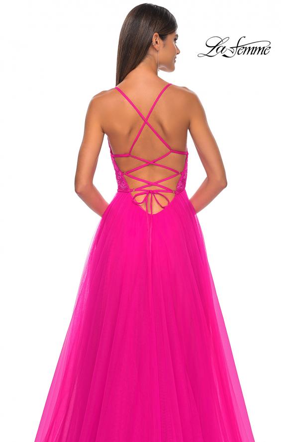 Picture of: Illusion Lace Bodice A-Line Tulle Prom Dress with Slit in Hot Fuchsia, Style: 32059, Detail Picture 6