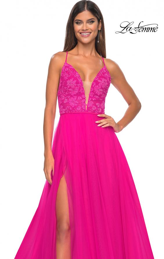 Picture of: Illusion Lace Bodice A-Line Tulle Prom Dress with Slit in Hot Fuchsia, Style: 32059, Detail Picture 7