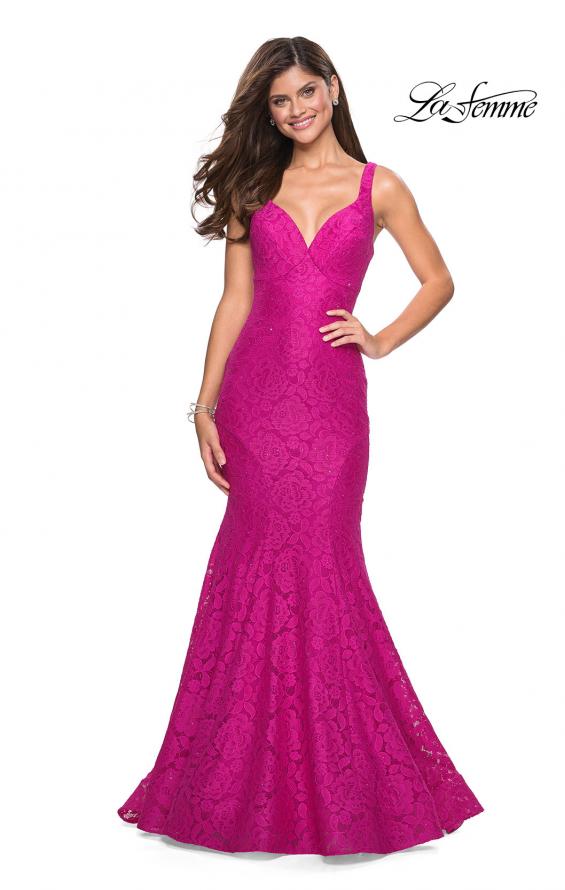 Picture of: Stretch Lace Long Dress with Open Strappy Back in Hot Pink, Style: 27623, Main Picture