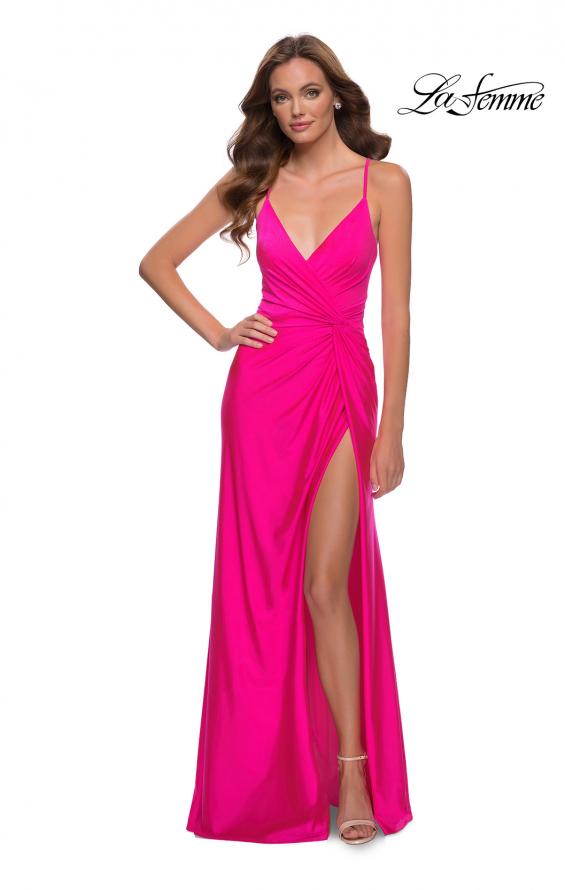 Picture of: Neon Pink Jersey Gown with Knot Waist and Lace Up Back in Hot Pink, Style 29870, Main Picture