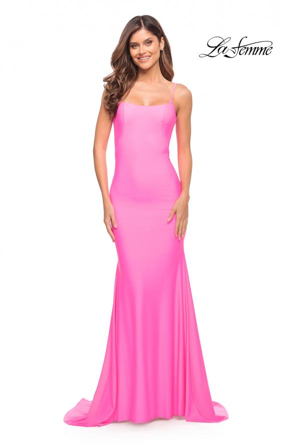 Picture of: Chic Luxe Jersey Gown with Train and V Back in Bright Colors in Hot Pink, Style: 30682, Main Picture