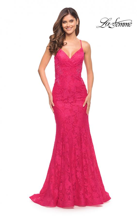 Picture of: Lace Gown with Sheer Lace Applique Side Panels in Hot Pink in Hot Pink, Style: 30690, Main Picture