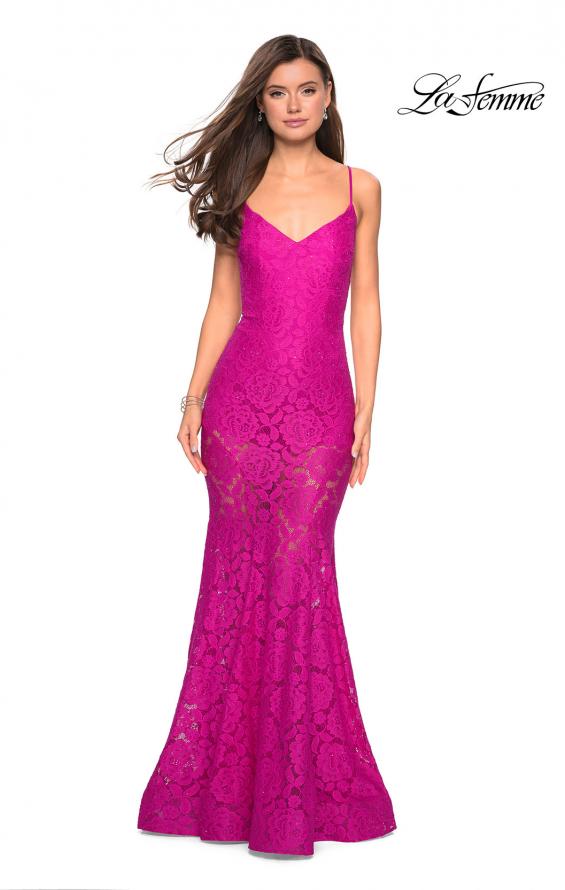 Picture of: Long Form Fitting Lace Prom Dress with Attached Shorts in Hot Pink, Style: 27584, Detail Picture 8