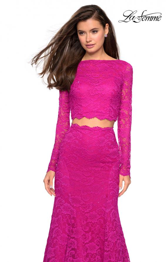 Picture of: Stretch Lace Long Sleeve Two Piece Prom Dress in Hot Pink, Style: 27601, Detail Picture 8
