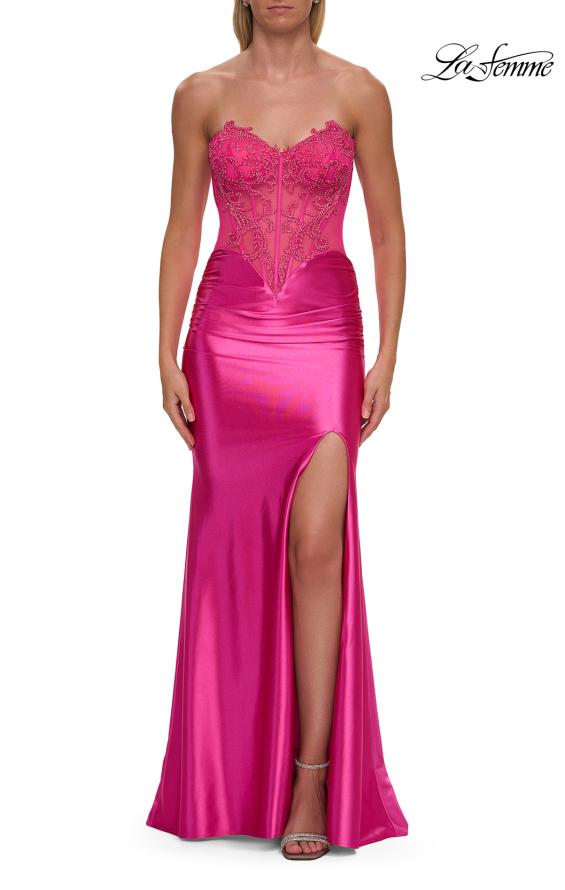 Pink Picture of: Strapless Embellished Corset Gown with Satin Skirt in Hot Pink, Style: 33639, Detail Picture 9