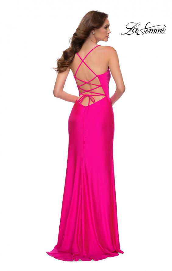 Picture of: Neon Pink Jersey Gown with Knot Waist and Lace Up Back in Hot Pink, Style 29870, Back Picture