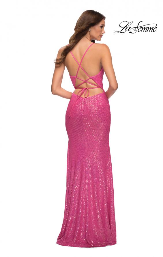 Picture of: Open Back Warp Style Sequin Dress in Neon Pink in Pink, Style: 30607, Back Picture