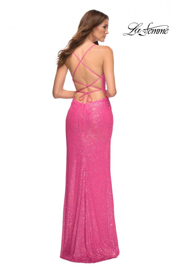 Picture of: Hot Pink Draped Slit Long Sequin Gown with Lace Up Back in Pink, Style: 30624, Back Picture