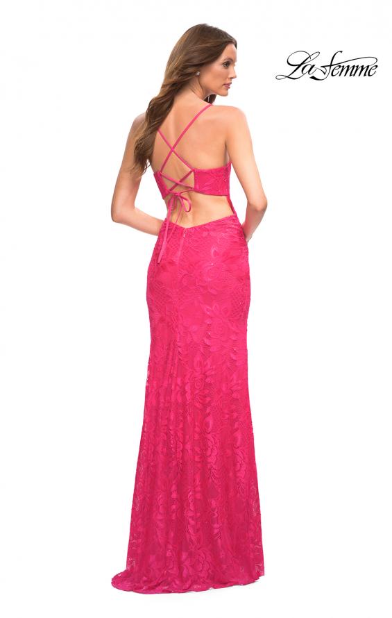 Picture of: Hot Pink Stretch Lace Prom Dress with Deep V Neckline in Pink, Style: 30686, Back Picture