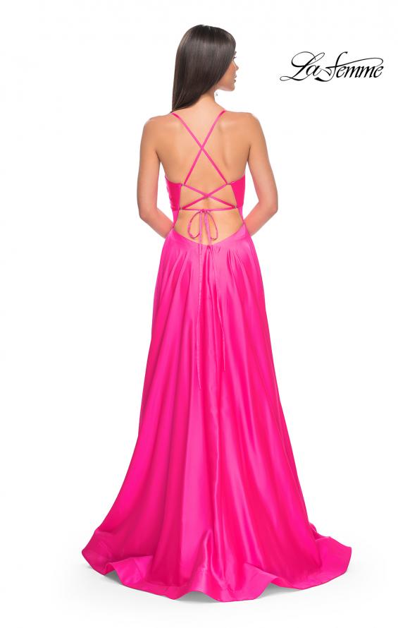 Picture of: Satin A-Line Gown with Cut Out and Twist Bodice in Neon in Hot Pink, Style: 31412, Back Picture