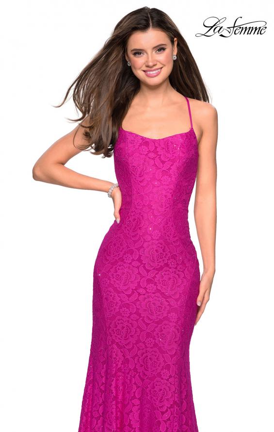 Picture of: Stretch Lace Gown with Square Neckline and Open Back in Hot Pink, Style: 27565, Detail Picture 1
