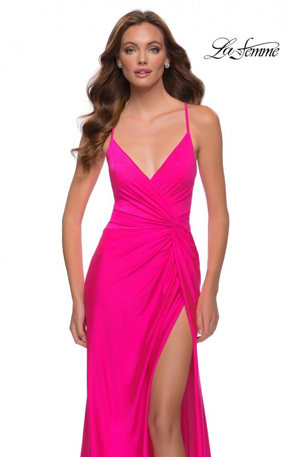 Picture of: Neon Pink Jersey Gown with Knot Waist and Lace Up Back in Hot Pink, Style 29870, Detail Picture 1