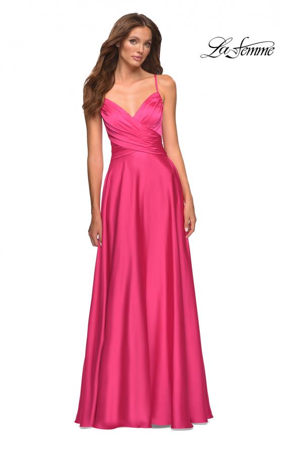 Picture of: Satin Hot Pink Gown with Criss-Cross Ruched Top in Pink, Style: 30616, Detail Picture 1