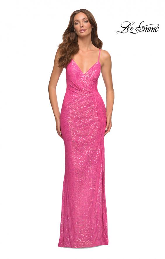 Picture of: Hot Pink Draped Slit Long Sequin Gown with Lace Up Back in Pink, Style: 30624, Detail Picture 1