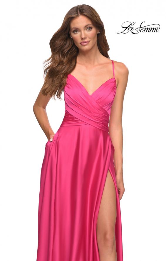 Picture of: Satin Hot Pink Gown with Criss-Cross Ruched Top in Pink, Style: 30616, Detail Picture 2